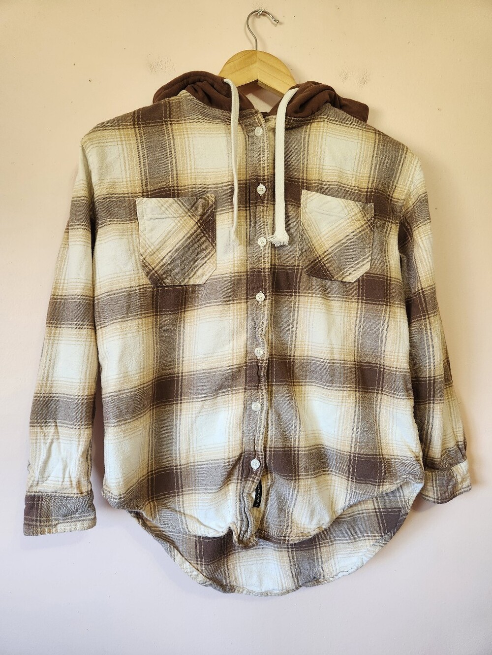 Silver Jeans Co Hooded Plaid Flannel Boyfriend Shacket Shirt Brown Cream XS Cozy